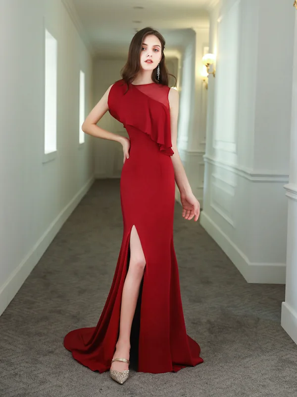 Chic / Belle Couleur Unie Rouge Robe De Soirée 2020 Trompette / Sirène Encolure Dégagée Sans Manches Fendue devant Train De Balayage Robe De Ceremonie