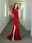 Chic / Belle Couleur Unie Rouge Robe De Soirée 2020 Trompette / Sirène Encolure Dégagée Sans Manches Fendue devant Train De Balayage Robe De Ceremonie
