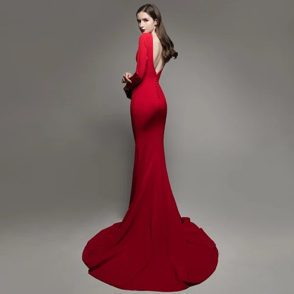Chic Couleur Unie Rouge Robe De Soirée 2020 Trompette / Sirène Encolure Carrée Manches Longues Dos Nu Train De Balayage Robe De Ceremonie