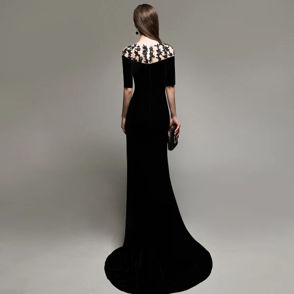 Elegant Modest / Simple Black Evening Dresses 2020 Trumpet / Mermaid Suede Scoop Neck Lace Flower 1/2 Sleeves Sweep Train Formal Dresses