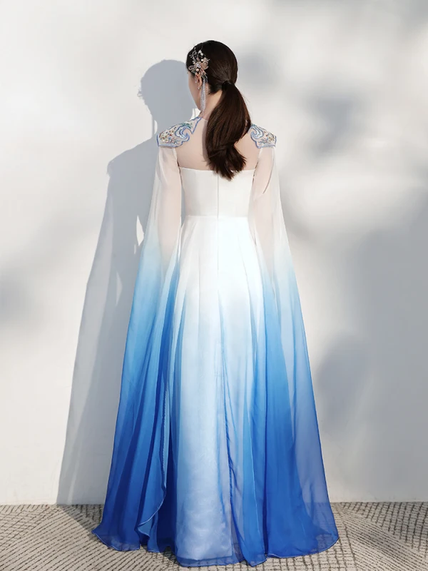 Chinese style Gradient-Color Pool Blue Silk Evening Dresses 2021 A-Line / Princess Scoop Neck Embroidered Short Sleeve Floor-Length / Long Evening Party Formal Dresses