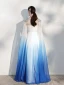 Chinese style Gradient-Color Pool Blue Silk Evening Dresses  2021 A-Line / Princess Scoop Neck Embroidered Short Sleeve Floor-Length / Long Evening Party Formal Dresses