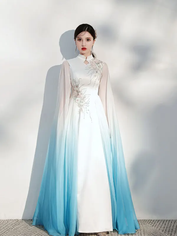 Chinese style Gradient-Color Ivory Cheongsam / Qipao Evening Dresses  2021 Chiffon A-Line / Princess High Neck Beading Short Sleeve Floor-Length / Long Formal Dresses
