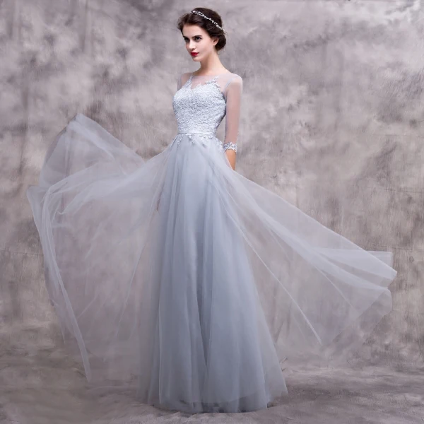 Chic / Beautiful Grey Evening Dresses 2018 A-Line / Princess Lace Flower Sash Scoop Neck Backless 3/4 Sleeve Floor-Length / Long Formal Dresses