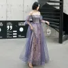 Fashion Purple Evening Dresses  2020 A-Line / Princess Spaghetti Straps Beading Sequins Lace Flower Short Sleeve Backless Floor-Length / Long Formal Dresses