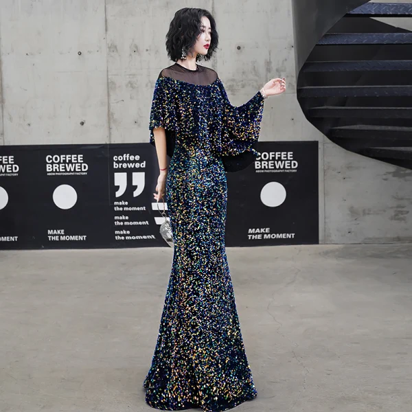 Scintillantes Multi-Couleurs Robe De Soirée 2020 Trompette / Sirène Paillettes Encolure Dégagée 3/4 Manches Longue Robe De Ceremonie