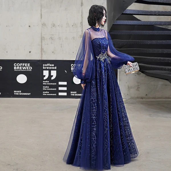 Classy Royal Blue Evening Dresses 2020 A-Line / Princess High Neck Sequins  Lace Flower Long Sleeve Backless Floor-Length / Long Formal Dresses