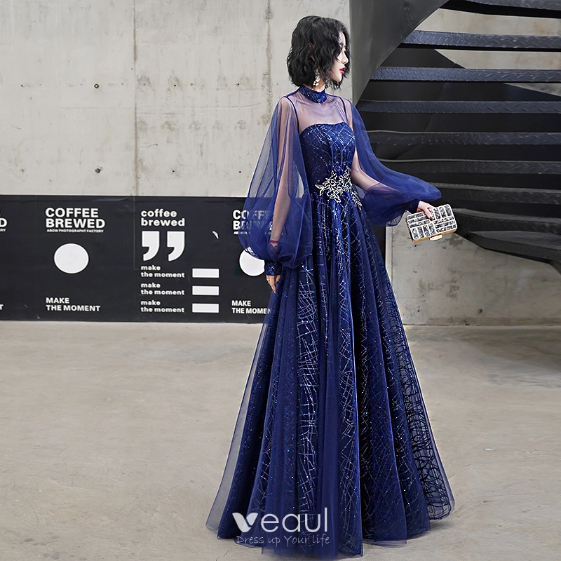Classy Royal Blue Evening Dresses 2020 A-Line / Princess High Neck Sequins Lace Flower Long Sleeve Backless Floor-Length / Long Formal Dresses Classy Royal Blue Evening Dresses 2020 A-Line / Princess High Neck Sequins Lace Flower Long Sleeve Backless Floor-Length / Long Formal Dresses