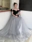 Fashion Grey Star Sequins Evening Dresses  2020 A-Line / Princess Spaghetti Straps Lace Flower Sleeveless Backless Floor-Length / Long Formal Dresses