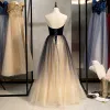 Classy Champagne Prom Dresses 2020 A-Line / Princess Glitter Tulle Suede Strapless Bow Sleeveless Backless Floor-Length / Long Formal Dresses