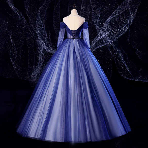 Elegant Navy Blue Prom Dresses 2020 Ball Gown Scoop Neck Beading Pearl Lace Flower 3/4 Sleeve Backless Floor-Length / Long Formal Dresses