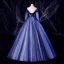 Elegant Navy Blue Prom Dresses 2020 Ball Gown Scoop Neck Beading Pearl Lace Flower 3/4 Sleeve Backless Floor-Length / Long Formal Dresses