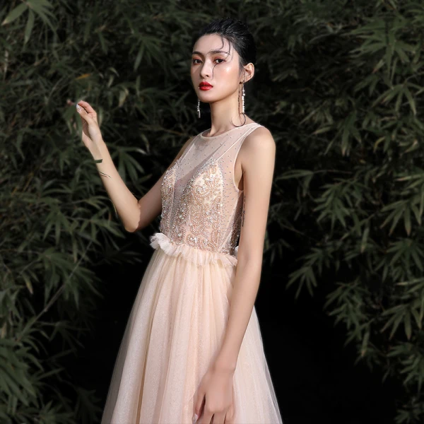 Elegant Gold Evening Dresses  2020 A-Line / Princess Scoop Neck Beading Rhinestone Sleeveless Floor-Length / Long Formal Dresses