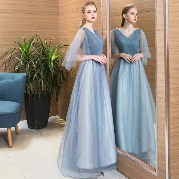 Chic / Beautiful Sky Blue Evening Dresses  2018 A-Line / Princess Rhinestone V-Neck Backless 3/4 Sleeve Floor-Length / Long Formal Dresses
