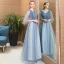 Chic / Beautiful Sky Blue Evening Dresses  2018 A-Line / Princess Rhinestone V-Neck Backless 3/4 Sleeve Floor-Length / Long Formal Dresses