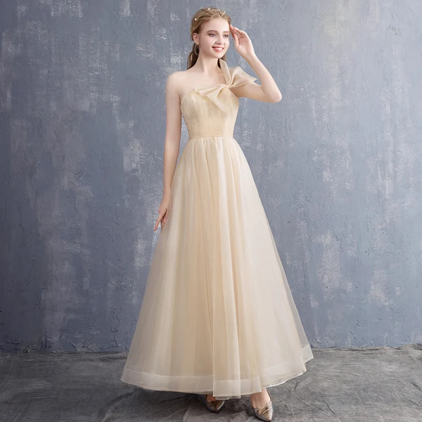 Schlicht Champagner Brautjungfernkleider 2018 A Linie Schleife One-Shoulder Rückenfreies Ärmellos Lange Kleider Für Hochzeit