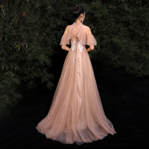 Chic / Belle Nues Robe De Bal 2020 Princesse Titulaire Perlage Paillettes En Dentelle Fleur Manches Courtes Dos Nu Train De Balayage Robe De Ceremonie