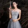 Charming Grey Prom Dresses 2020 A-Line / Princess Strapless Tassel Lace Flower Sequins Sleeveless Backless Floor-Length / Long Formal Dresses