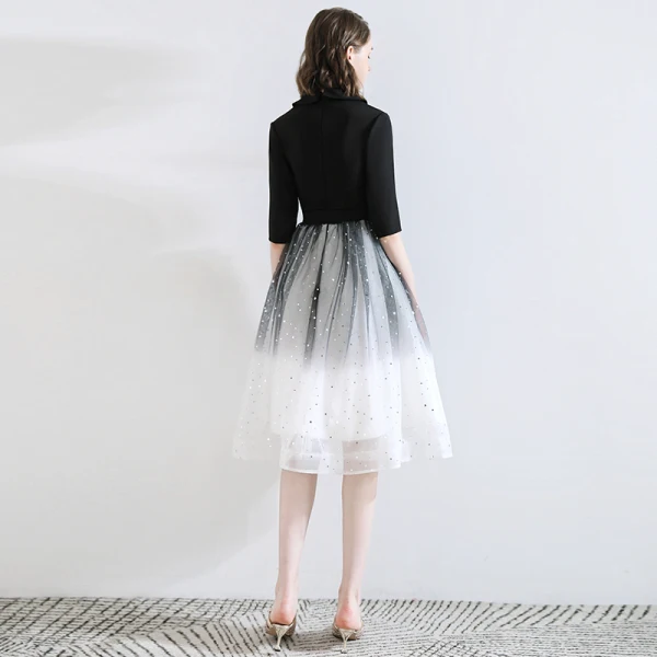 Chic / Beautiful Black Homecoming Graduation Dresses 2020 A-Line / Princess V-Neck Star Sequins Bow 1/2 Sleeves Knee-Length Formal Dresses