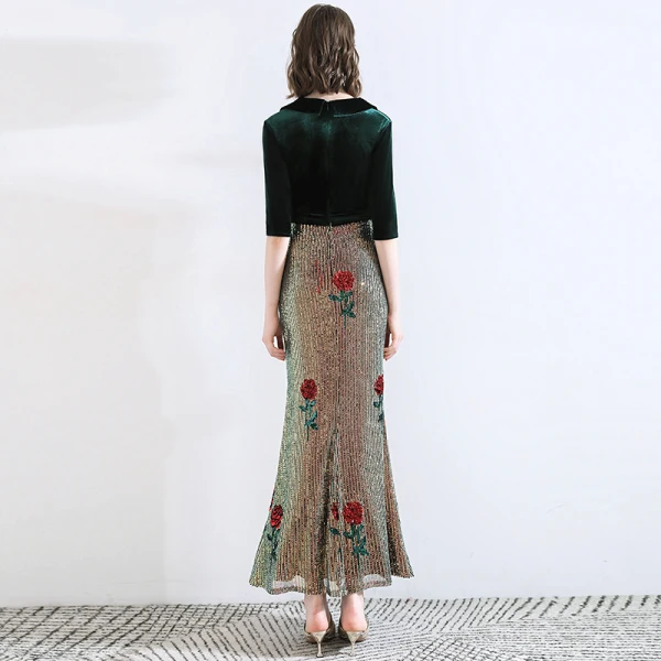 Classic Dark Green Evening Dresses 2020 Trumpet / Mermaid Suede V-Neck Sequins 1/2 Sleeves Ankle Length Formal Dresses