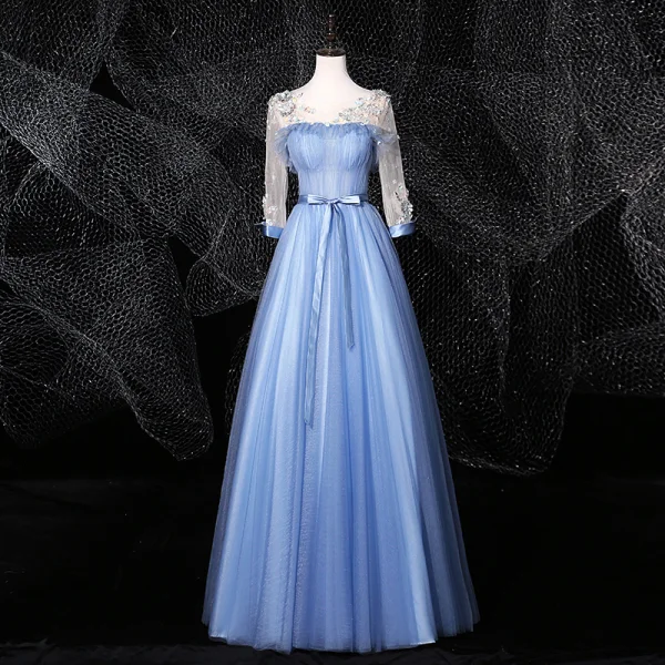 Flower Fairy Sky Blue Fairytale Prom Dresses 2020 Ball Gown Scoop Neck Appliques Rhinestone Lace Flower Bow 3/4 Sleeve Backless Floor-Length / Long