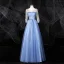 Flower Fairy Sky Blue Fairytale Prom Dresses 2020 Ball Gown Scoop Neck Appliques Rhinestone Lace Flower Bow 3/4 Sleeve Backless Floor-Length / Long