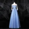 Flower Fairy Sky Blue Fairytale Prom Dresses 2020 Ball Gown Scoop Neck Appliques Rhinestone Lace Flower Bow 3/4 Sleeve Backless Floor-Length / Long