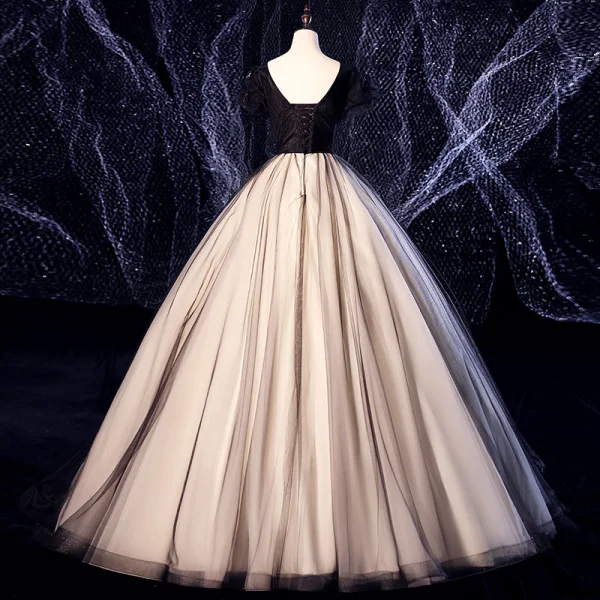 Elegant Black Prom Dresses 2020 Ball Gown Suede Scoop Neck Lace Flower Sequins Rhinestone Short Sleeve Backless Floor-Length / Long Formal Dresses