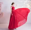 Chic / Beautiful Red Prom Dresses 2020 A-Line / Princess V-Neck Bow Beading Sequins Lace Flower Sleeveless Backless Floor-Length / Long Formal Dresses