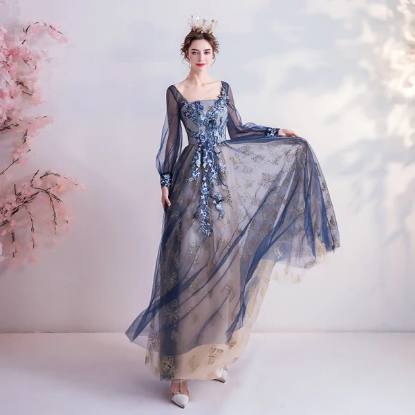 Vintage / Retro Navy Blue Prom Dresses 2020 A-Line / Princess Square Neckline Glitter Lace Flower Rhinestone Long Sleeve Backless Floor-Length / Long Formal Dresses