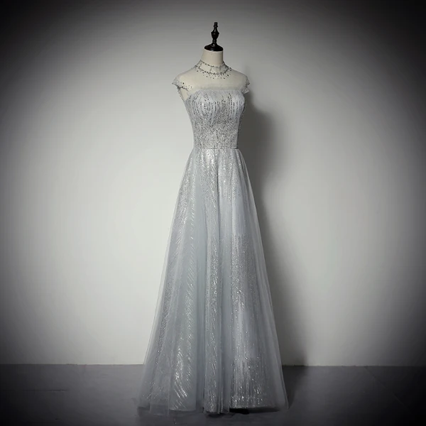 Glitzernden Marineblau Pailletten Abendkleider 2020 A Linie Stehkragen Strass Ärmellos Rückenfreies Lange Festliche Kleider