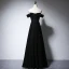 Elegant Black Evening Dresses  2020 A-Line / Princess Scoop Neck Beading Short Sleeve Backless Floor-Length / Long Formal Dresses