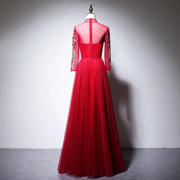 Chinese style Red Evening Dresses 2020 A-Line / Princess High Neck Beading Rhinestone Sequins Long Sleeve Floor-Length / Long Formal Dresses