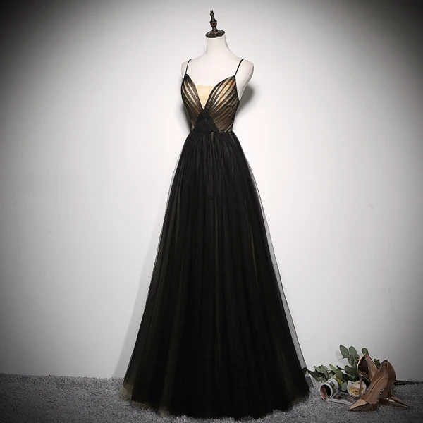 Chic / Belle Noire Robe De Soirée 2020 Princesse Bretelles Spaghetti Sans Manches Dos Nu Longue Robe De Ceremonie