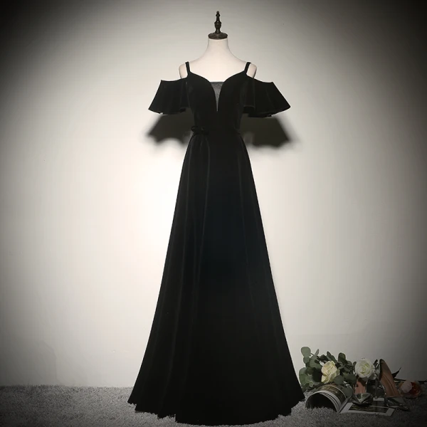 Modest / Simple Burgundy Evening Dresses  2020 A-Line / Princess Spaghetti Straps Suede Bow Short Sleeve Backless Floor-Length / Long Formal Dresses
