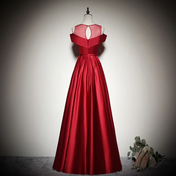 Elegant Solid Color Burgundy Evening Dresses  2020 A-Line / Princess Scoop Neck Short Sleeve Backless Floor-Length / Long Formal Dresses
