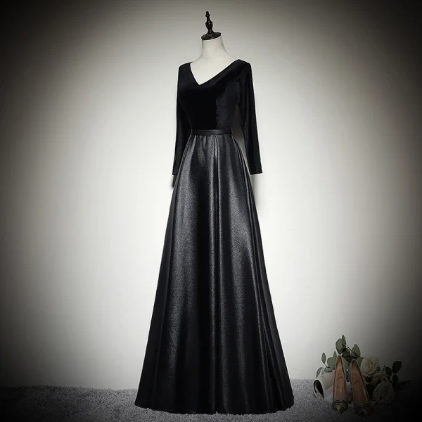 Modest / Simple Black Evening Dresses 2020 A-Line / Princess Suede V-Neck Long Sleeve Backless Floor-Length / Long Formal Dresses
