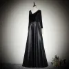 Modest / Simple Black Evening Dresses  2020 A-Line / Princess Suede V-Neck Long Sleeve Backless Floor-Length / Long Formal Dresses