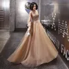 Elegant Champagne Evening Dresses  2020 A-Line / Princess High Neck Rhinestone Sequins Lace Flower Long Sleeve Backless Sweep Train Formal Dresses