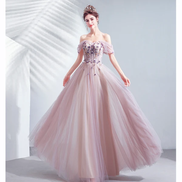 Schöne Violett Abendkleider 2020 A Linie Off Shoulder Perlenstickerei Applikationen Blumen Spitze Pailletten Ärmellos Rückenfreies Lange Festliche Kleider