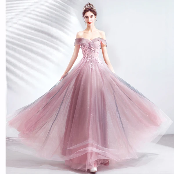 Charming Candy Pink Evening Dresses 2020 A-Line / Princess Off-The-Shoulder Glitter Tulle Beading Lace Flower Sleeveless Backless Floor-Length / Long Formal Dresses