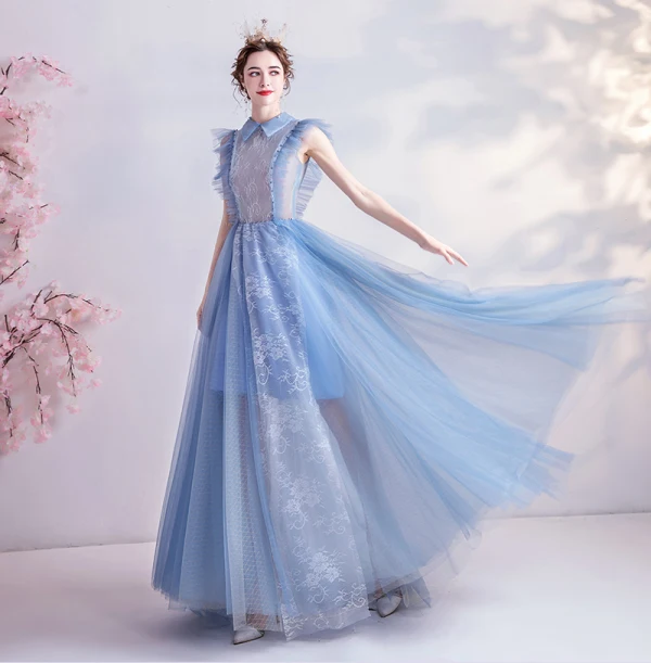 Vintage / Retro Sky Blue Evening Dresses 2020 A-Line / Princess High Neck Ruffle Lace Flower Sleeveless Floor-Length / Long Formal Dresses