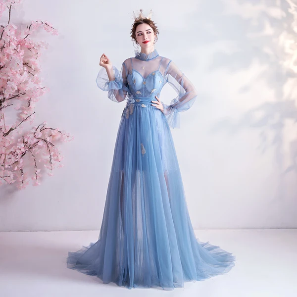 Vintage / Retro Sky Blue Evening Dresses 2020 A-Line / Princess High Neck Appliques Crystal Lace Flower Rhinestone Sequins Long Sleeve Backless Sweep Train Formal Dresses