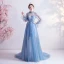 Vintage / Retro Sky Blue Evening Dresses  2020 A-Line / Princess High Neck Appliques Crystal Lace Flower Rhinestone Sequins Long Sleeve Backless Sweep Train Formal Dresses
