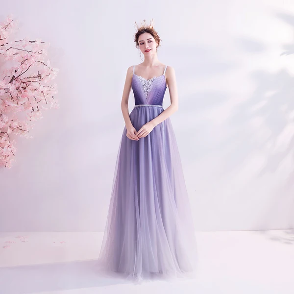Charming Purple Evening Dresses 2020 A-Line / Princess Spaghetti Straps Beading Rhinestone Appliques Lace Flower Sleeveless Backless Floor-Length / Long Formal Dresses