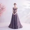 Elegant Purple Glitter Prom Dresses 2020 A-Line / Princess Scoop Neck Beading Rhinestone Sequins Lace Flower Short Sleeve Backless Sweep Train