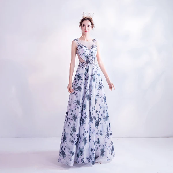 Charmant Océan Bleu Ivoire Florale Robe De Soirée 2020 Princesse Encolure Dégagée Paillettes Appliques Impression Sans Manches Dos Nu Longue Robe De Ceremonie