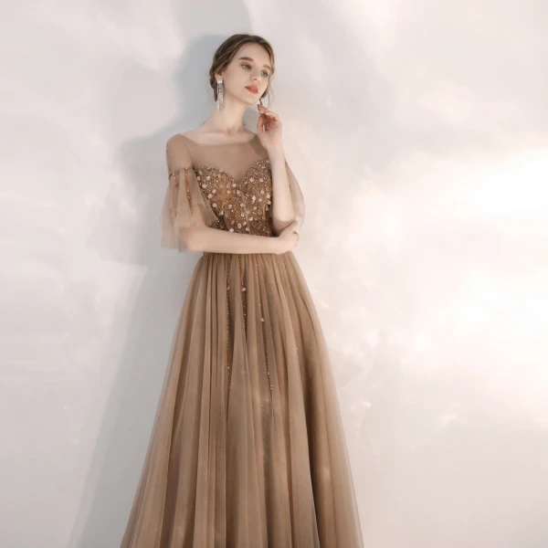Elegant Brown Evening Dresses  2020 A-Line / Princess Scoop Neck Rhinestone Sequins Short Sleeve Backless Floor-Length / Long Formal Dresses