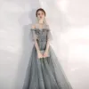 Charming Grey Star Sequins Prom Dresses 2020 A-Line / Princess Ruffle Off-The-Shoulder Short Sleeve Backless Floor-Length / Long Formal Dresses