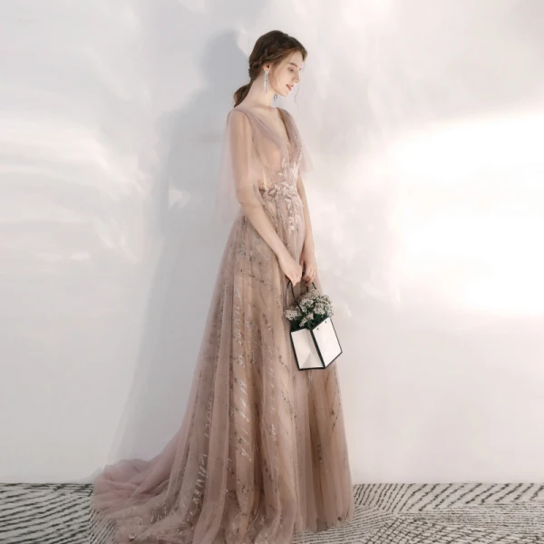 Chic / Beautiful Champagne Evening Dresses  2020 A-Line / Princess V-Neck Glitter Beading Lace Flower Rhinestone Sequins 1/2 Sleeves Backless Floor-Length / Long Formal Dresses